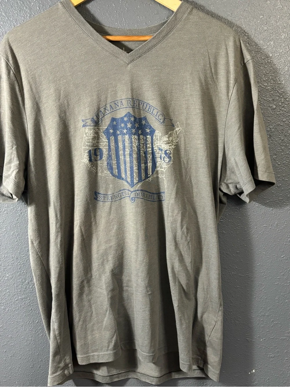 Banana Republic Gray Short Sleeve Tee with Blue Shield Graphic
